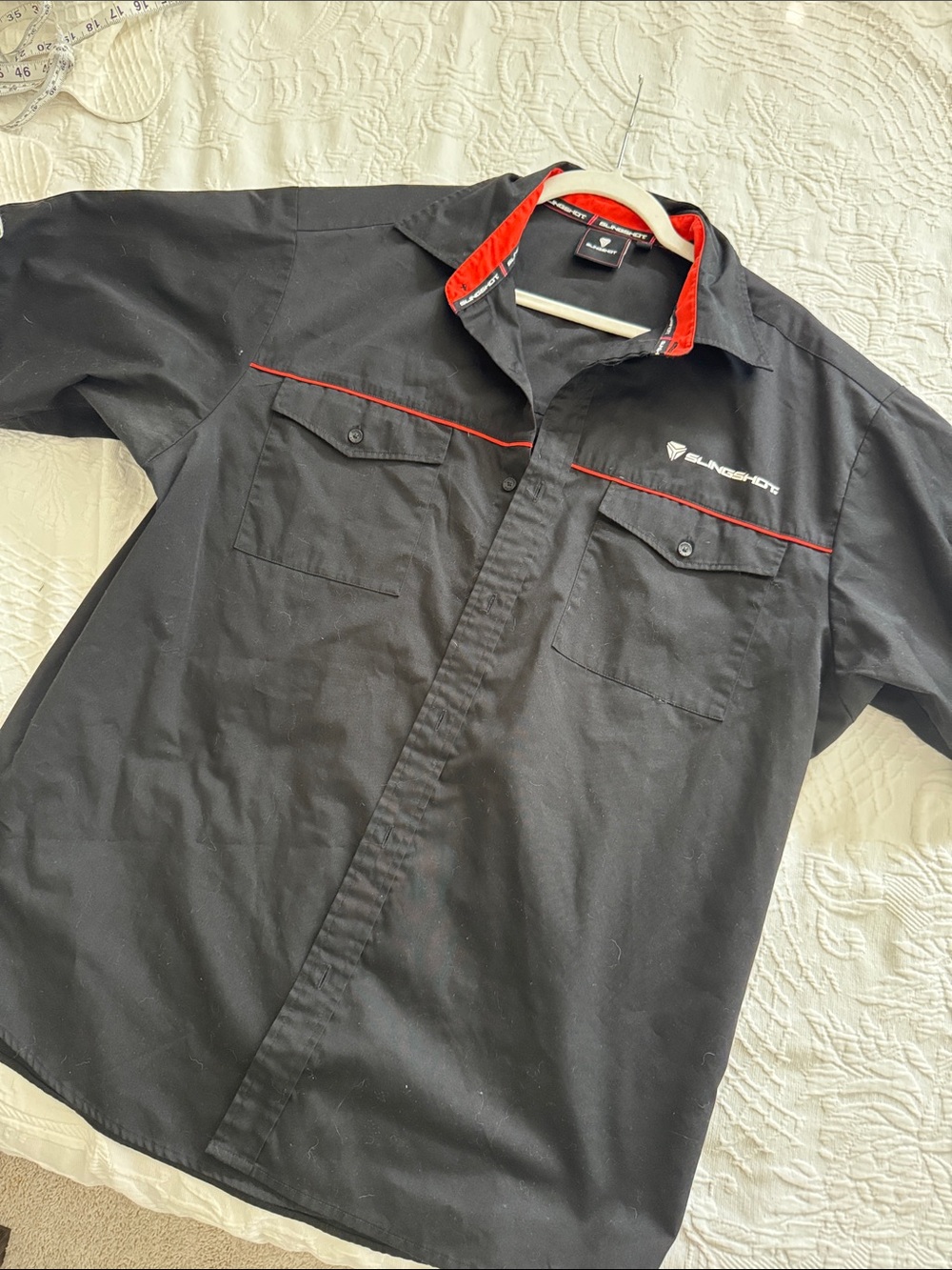 Black Short-Sleeve Button-Down Shirt with Red Trim -